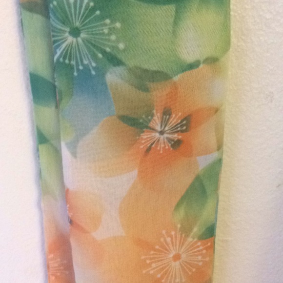 Floral Chiffon Green Orange Purse Scarf Accessory Slim Thin Springtime Neck Tie - Picture 4 of 5